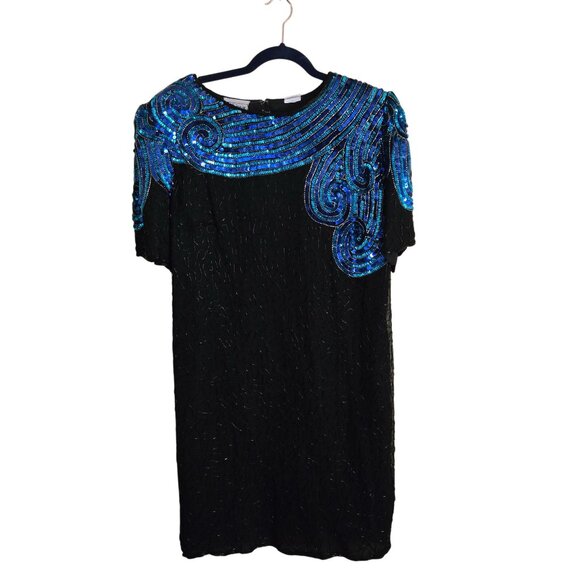 Stenay Vintage Stunning Black Blue Sequined Beaded Silk Sheath Midi Dress Size14 - Picture 2 of 7